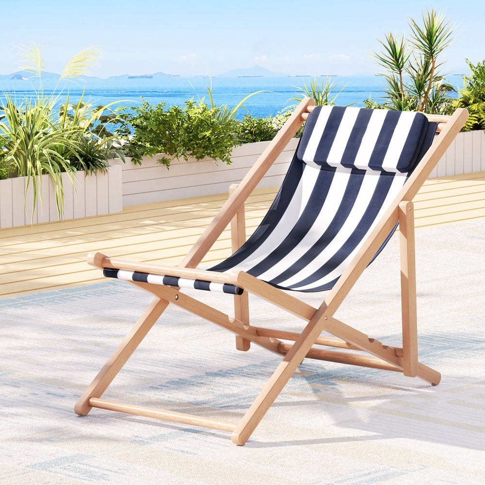 Outdoor Deck Chair Wooden Sun Lounge Folding Beach Patio Furniture Blue