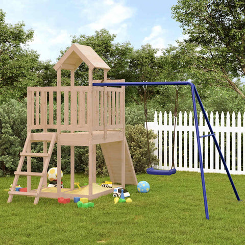 A Solid Wood Pine Playhouse featuring a Climbing Wall and Swing