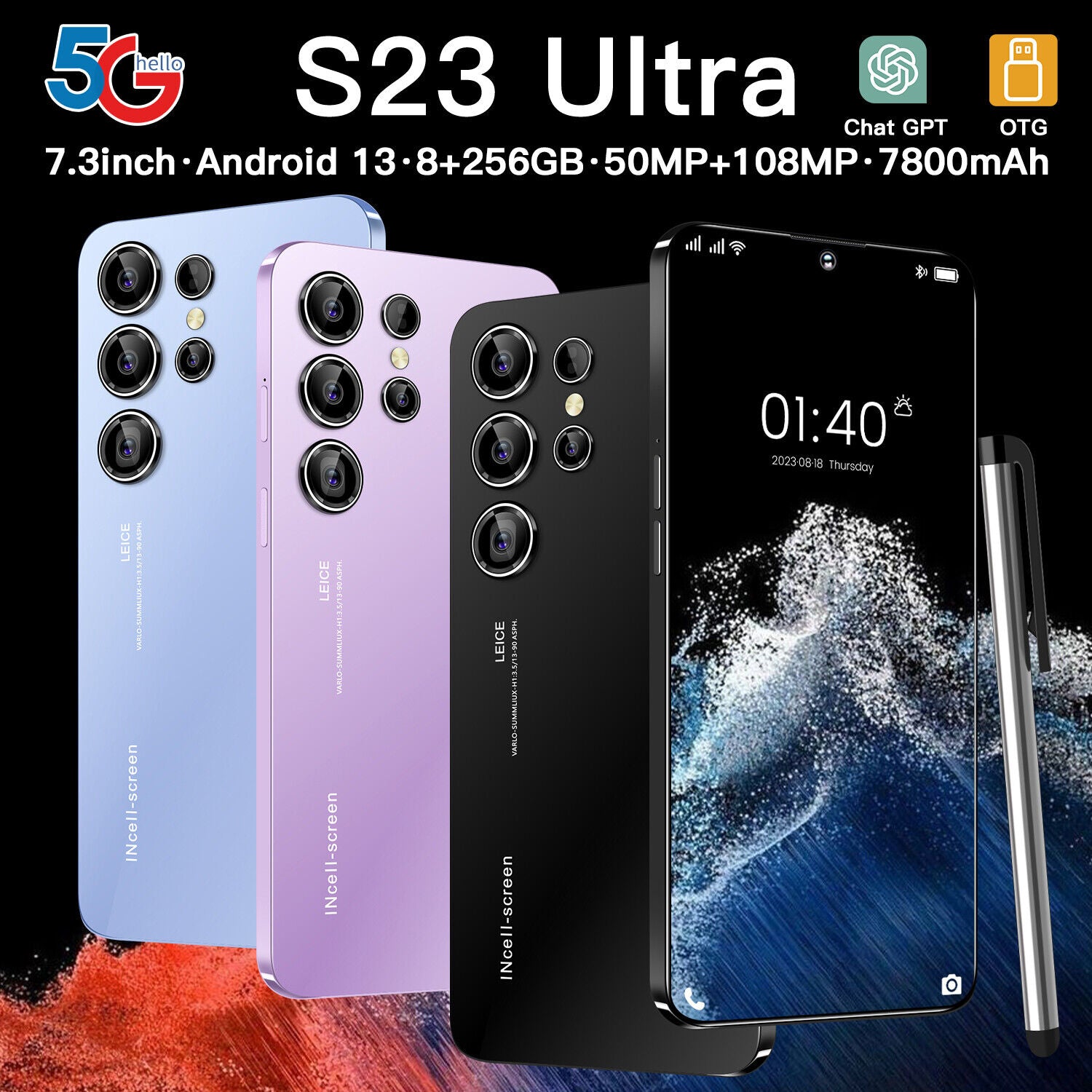 S23 Ultra Smartphone 7.3" 8GB+256GB Dual SIM Android 13 Unlocked Mobile Phones