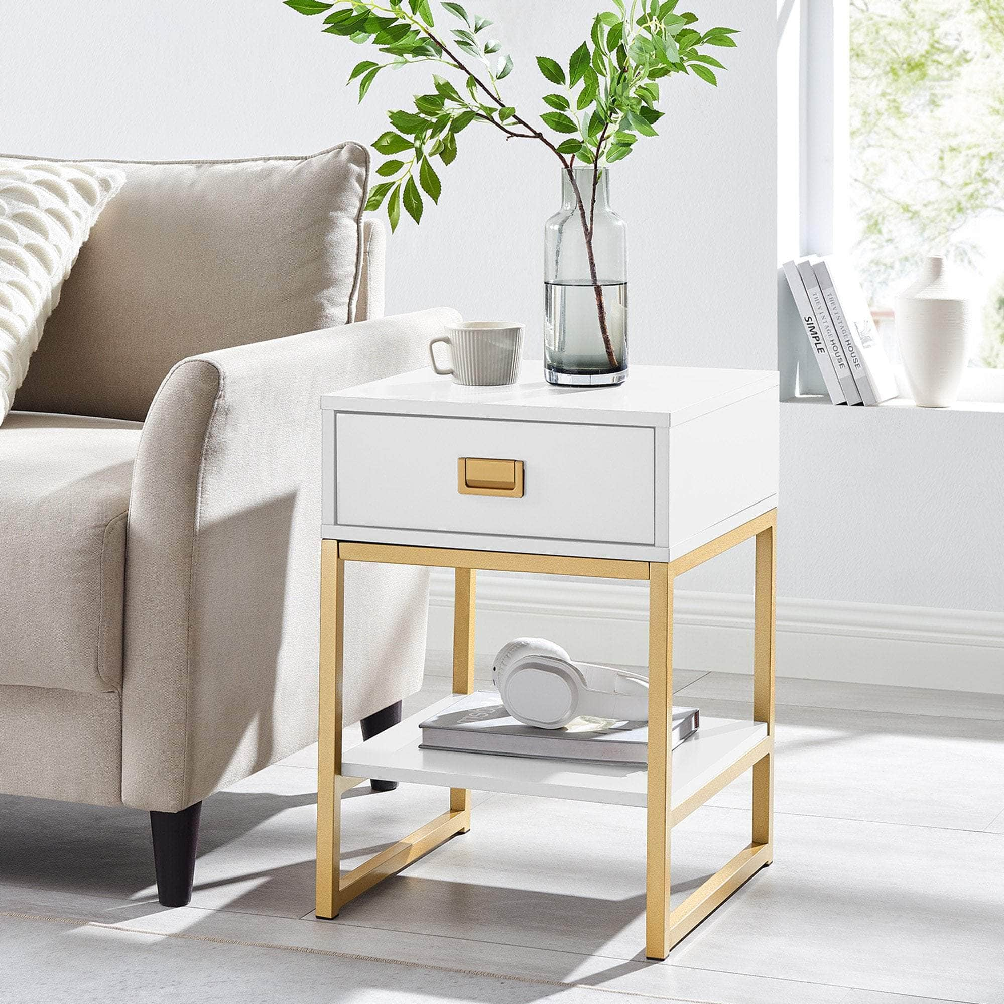 Alessia Bedside Table - White/Gold