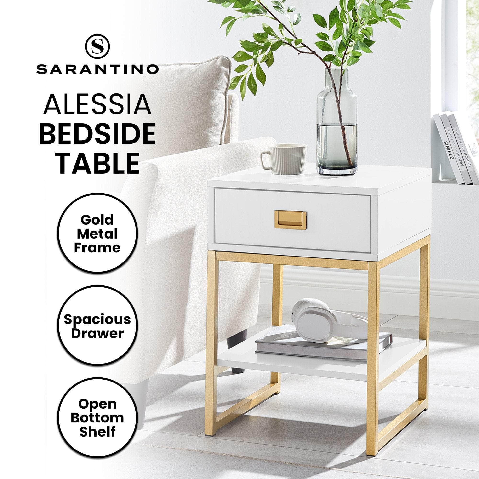 Alessia Bedside Table - White/Gold