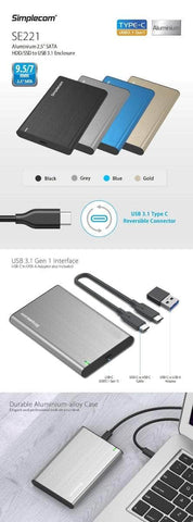 Aluminium 2.5'' Sata Hdd/Ssd To Usb 3.1 Enclosure Black