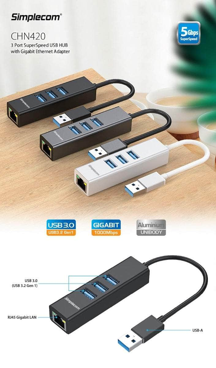 Aluminium 3 Port Superspeed Usb Hub With Gigabit Ethernet Adapter Black