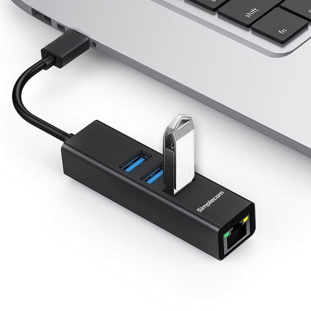 Aluminium Usb-C To 3 Port Usb Hub With Gigabit Ethernet Adapter Black