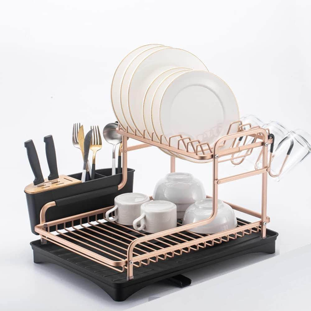 Aluminum Dish Drying Rack With Removable Cutlery Holder And Cup Holder