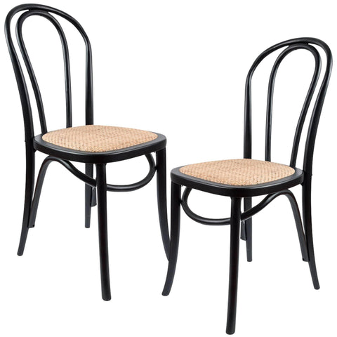 Arched Back Dining Chair 2 Set Solid Elm Timber Wood Rattan Seat - Black