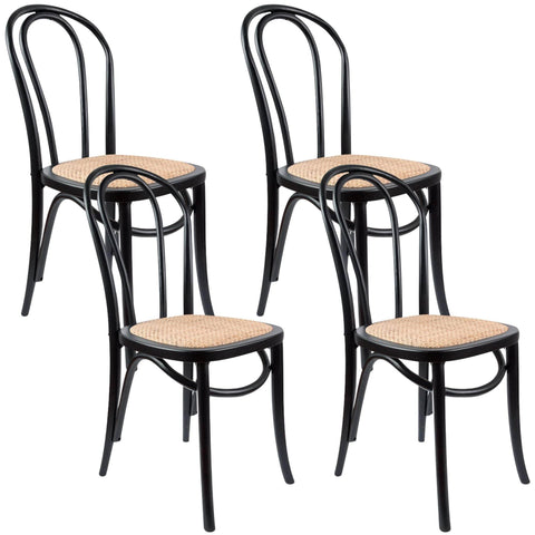 Arched Back Dining Chair 4 Set Solid Elm Timber Wood Rattan Seat - Black