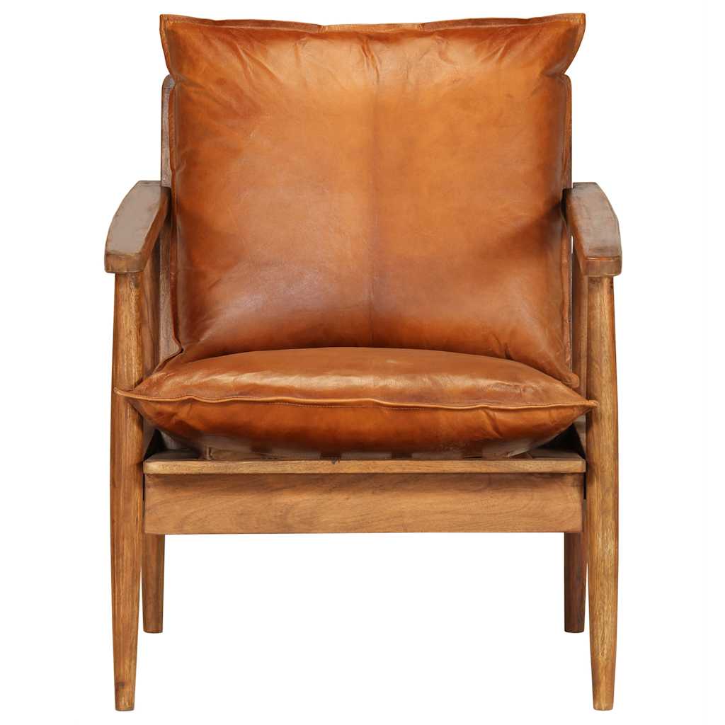 Armchair Brown Real Leather with Acacia Wood