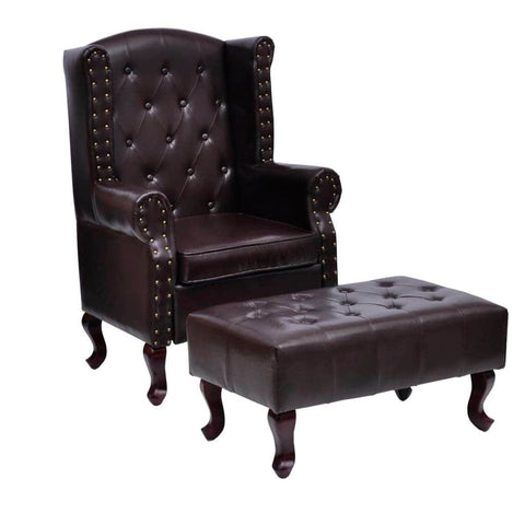 Armchair with Footstool Dark Brown Leather