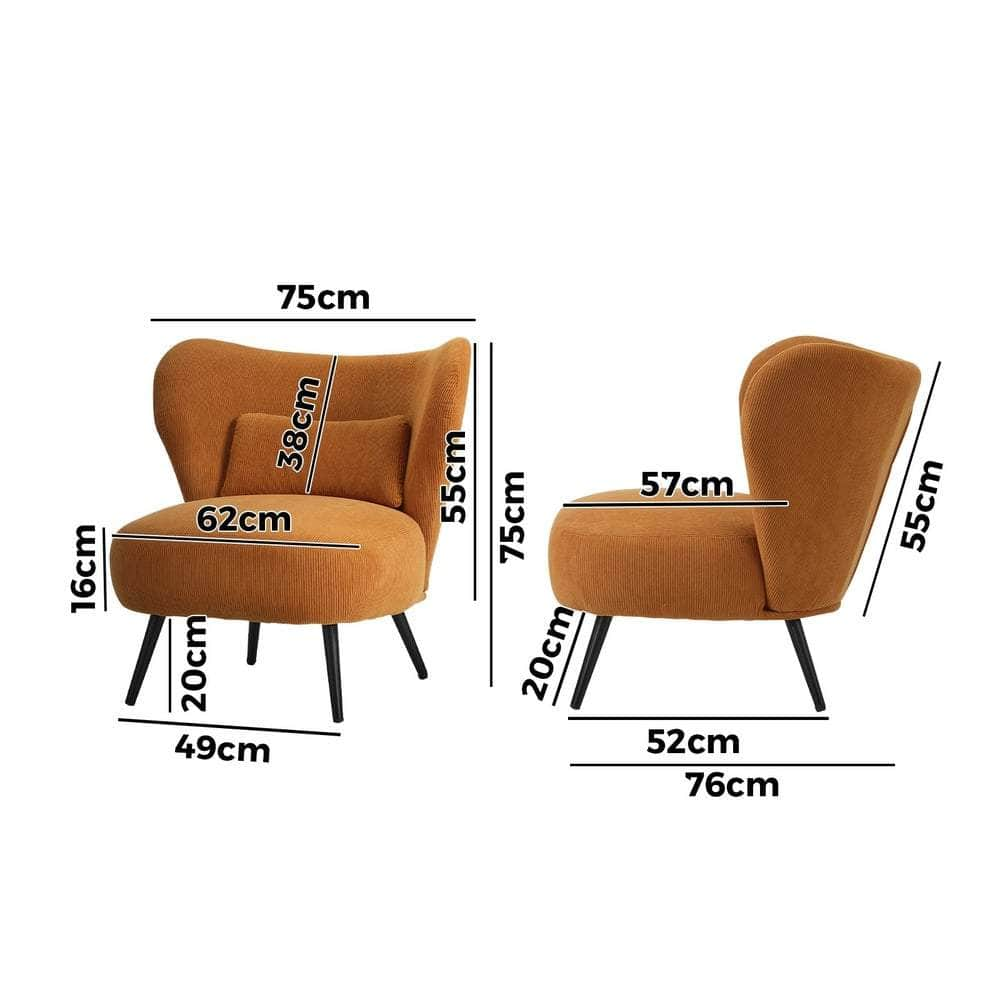 Armchair with Lumbar Pillow Wingback Velvet Orange/Beige