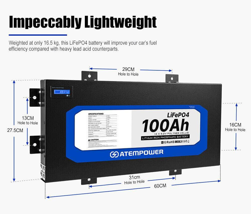 Atem Power 12V 100Ah Slimline Lithium Battery LiFePO4 Deep Cycle Solar Charger