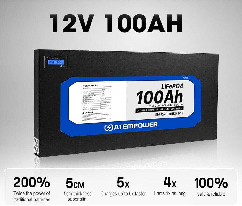 Atem Power 12V 100Ah Slimline Lithium Battery LiFePO4 Deep Cycle Solar Charger