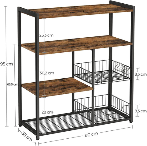 Baker'S Rack With 2 Metal Mesh Baskets, Shelves And Hooks, Industrial Style, Rustic Brown