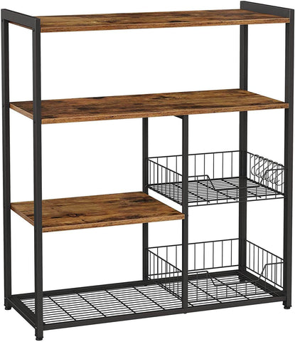 Baker'S Rack With 2 Metal Mesh Baskets, Shelves And Hooks, Industrial Style, Rustic Brown