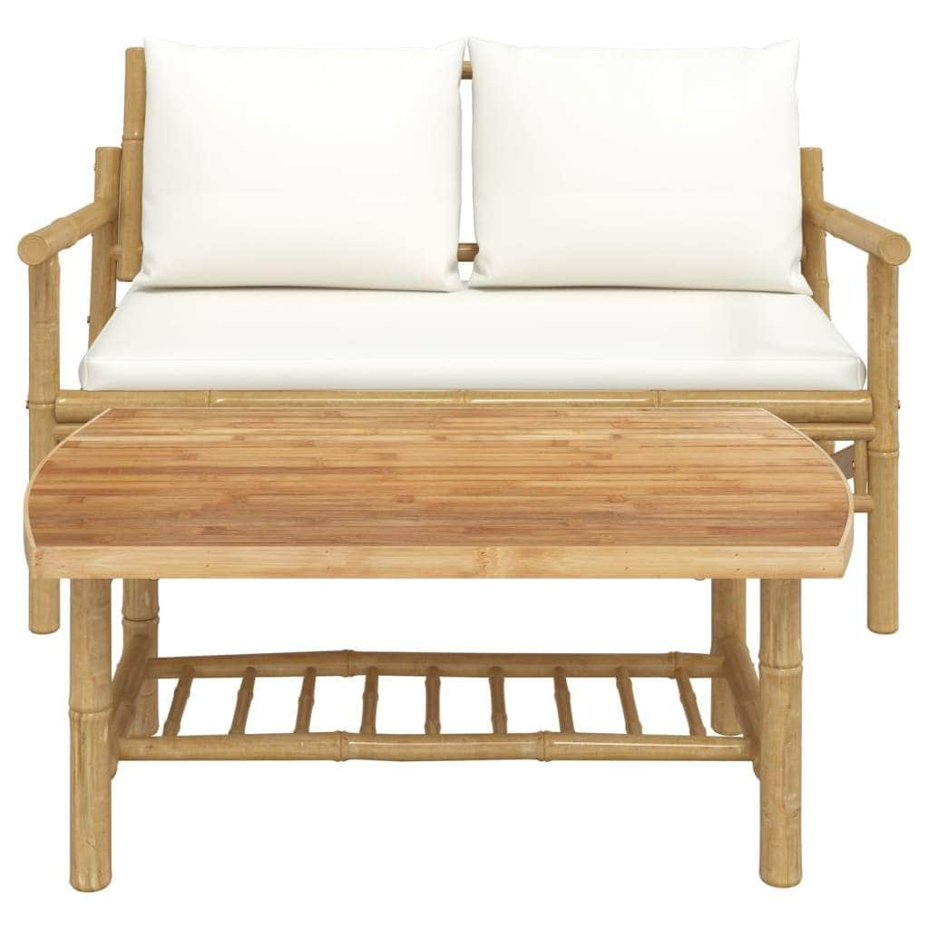 Bamboo 2-Piece Garden Lounge Set with Cream White Cushions