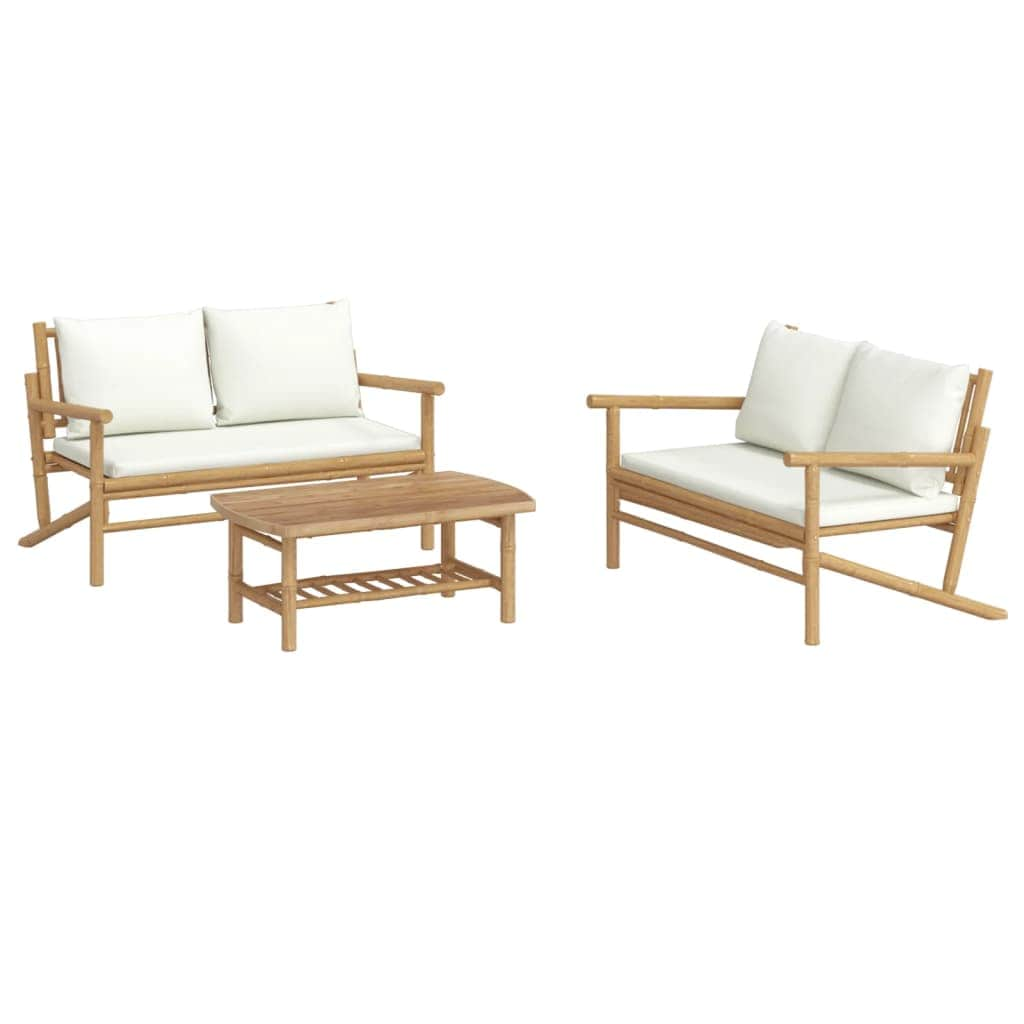 Bamboo Blissful Trio: 3-Piece Lounge Set with Cream White Cushions