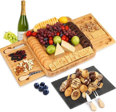 Bamboo Cheese Board And Knife Set With Cutlery Including Slate Rock Tray