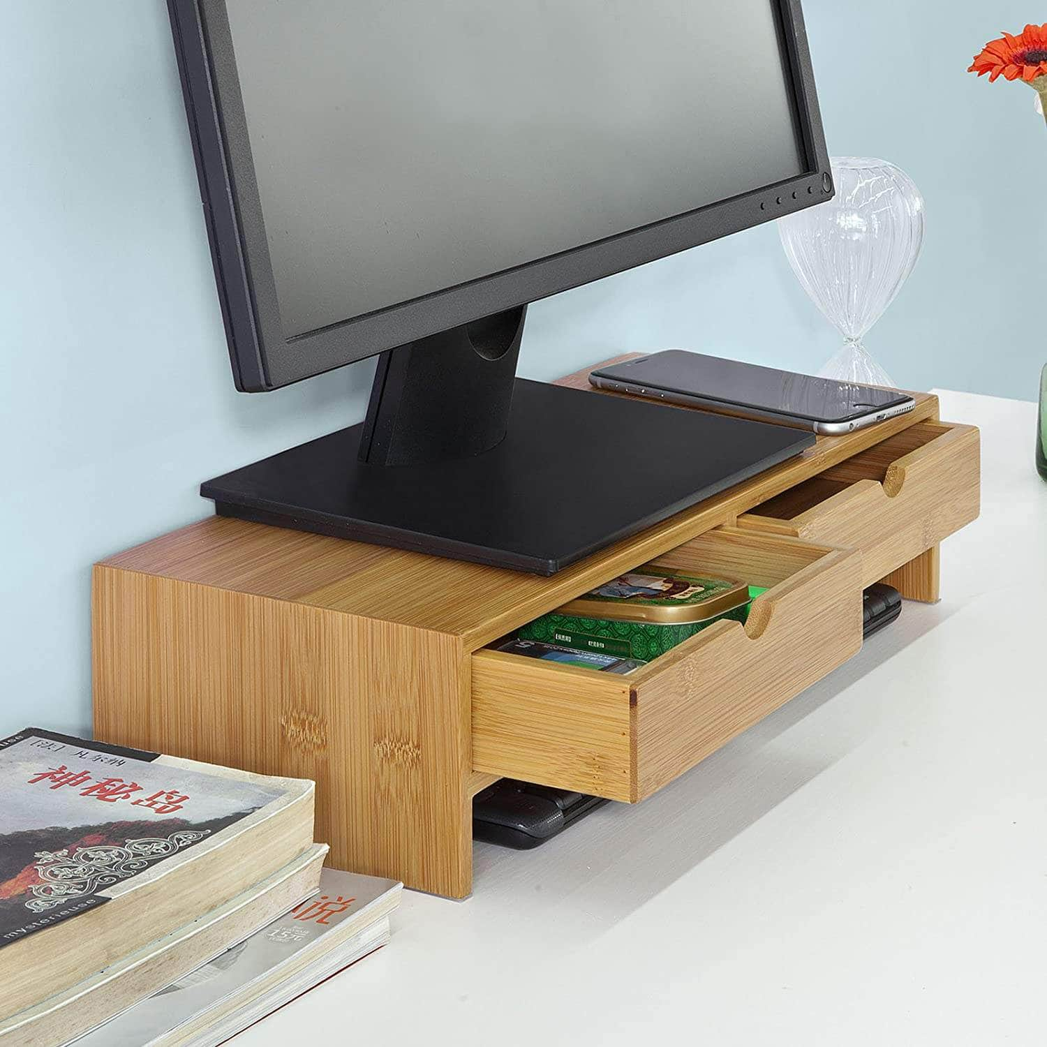 Bamboo Monitor Stand Desk Organizer With 2 Drawers