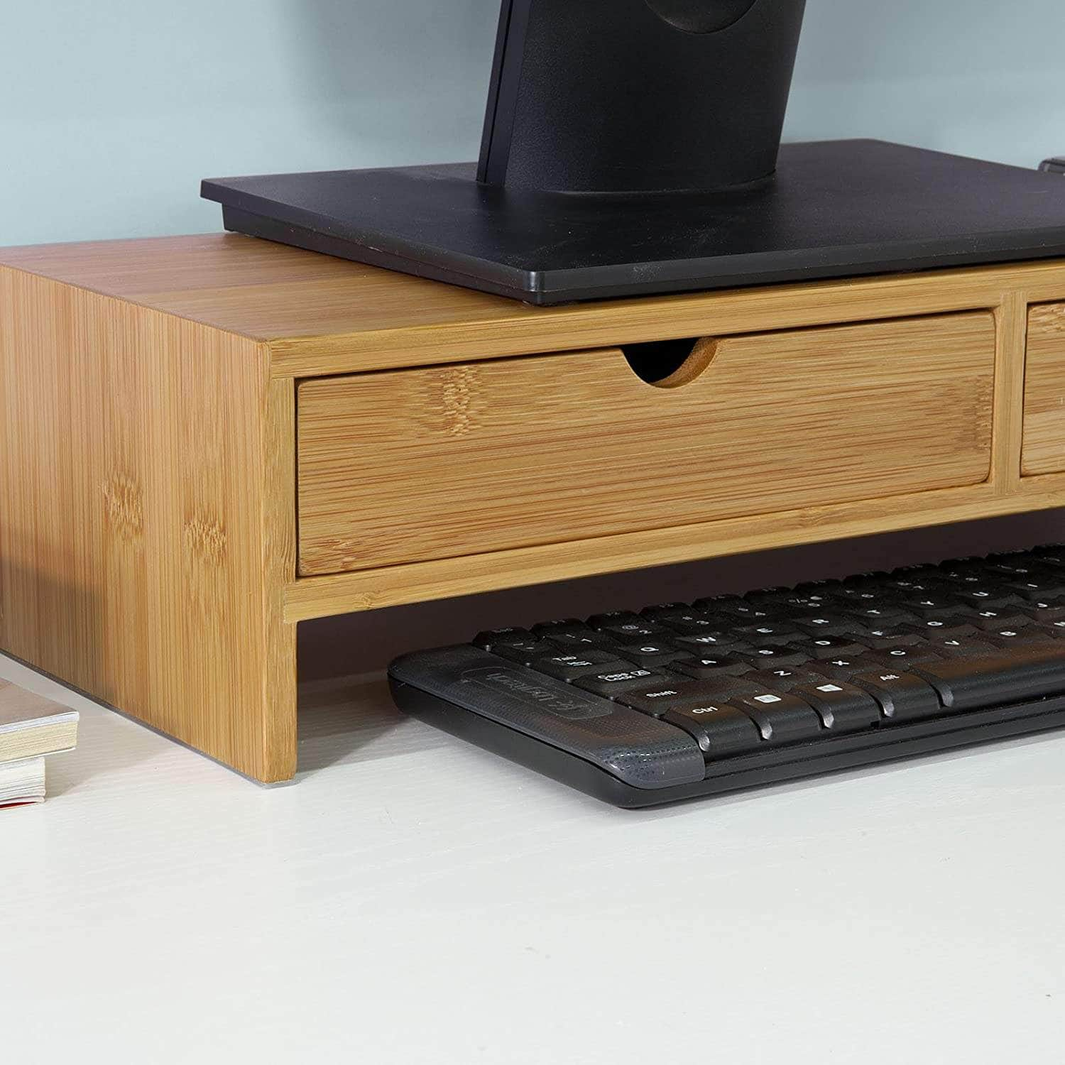 Bamboo Monitor Stand Desk Organizer With 2 Drawers