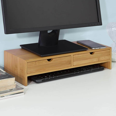 Bamboo Monitor Stand Desk Organizer With 2 Drawers