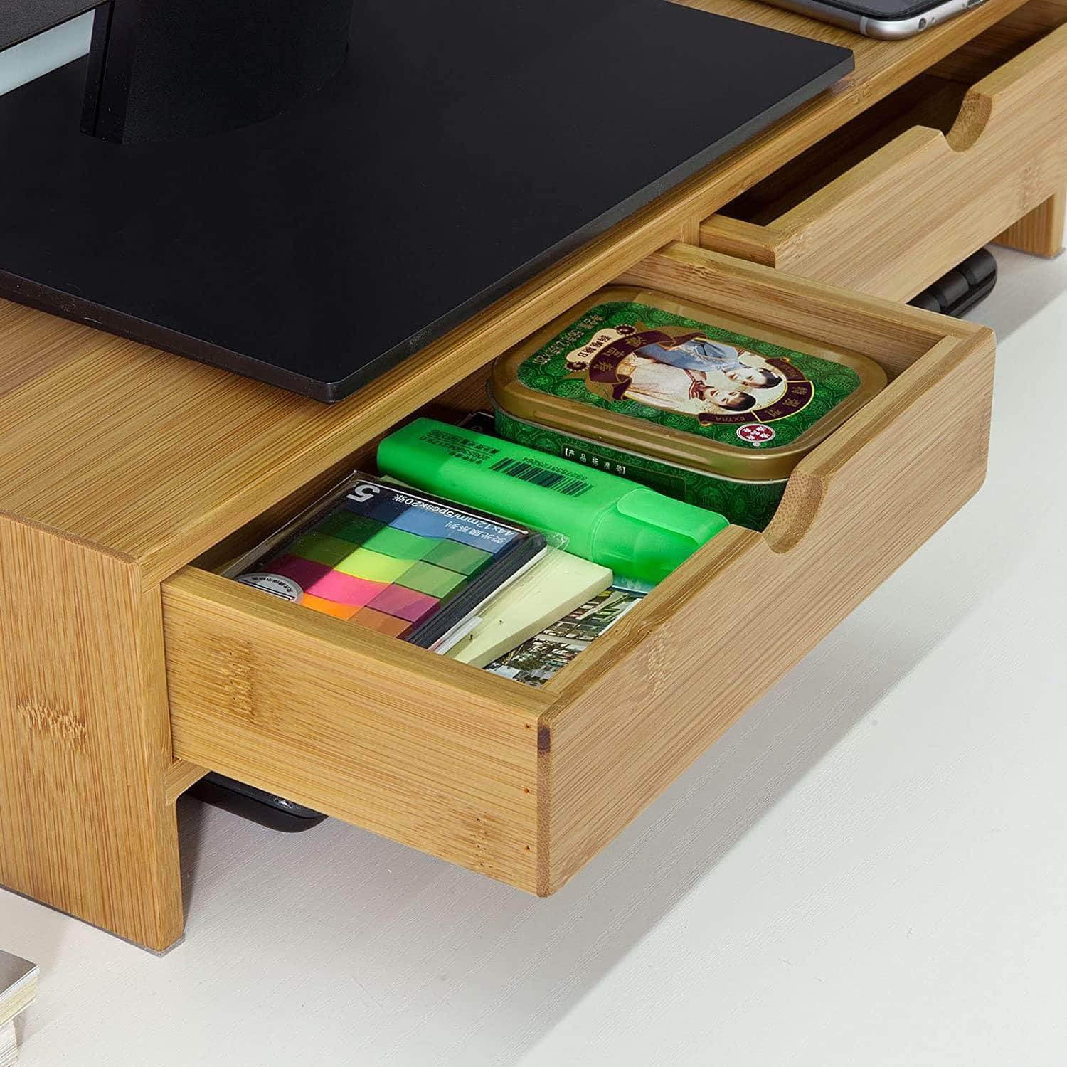 Bamboo Monitor Stand Desk Organizer With 2 Drawers