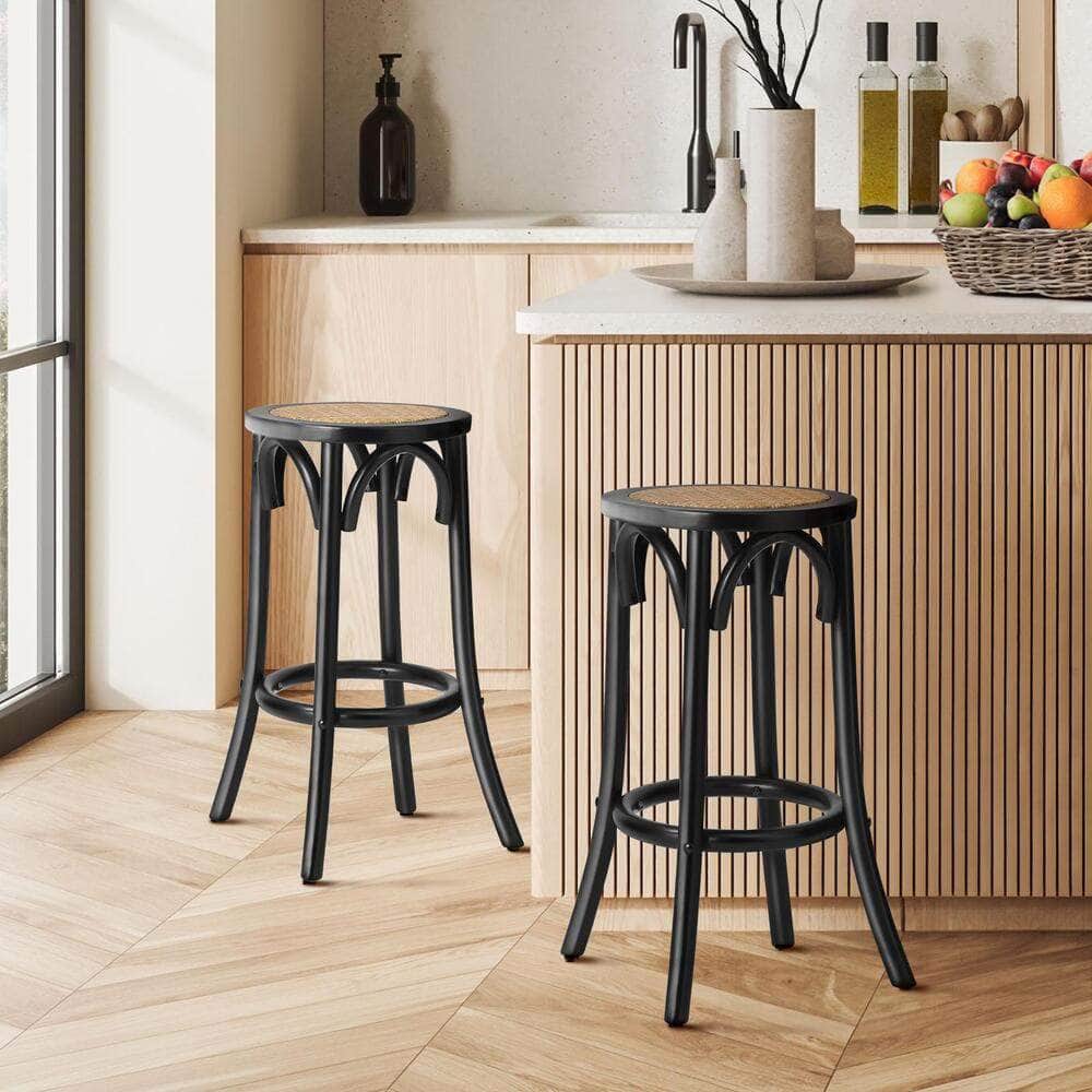 Bar Stool 2pc Kitchen Vintage Rattan Dining Chair Black/Wood