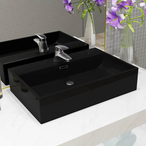 Basin with Faucet Hole Ceramic Black  L