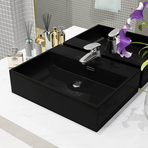 Basin with Faucet Hole Ceramic Black  S