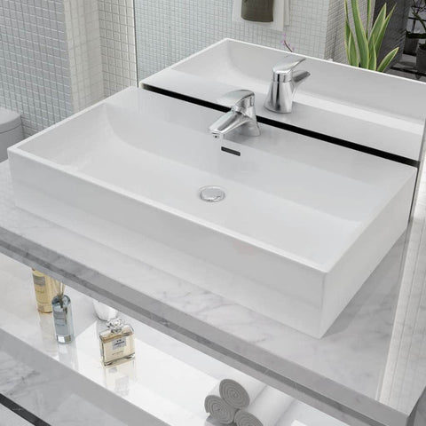 Basin with Faucet Hole Ceramic White L