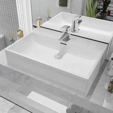 Basin with Faucet Hole Ceramic White M