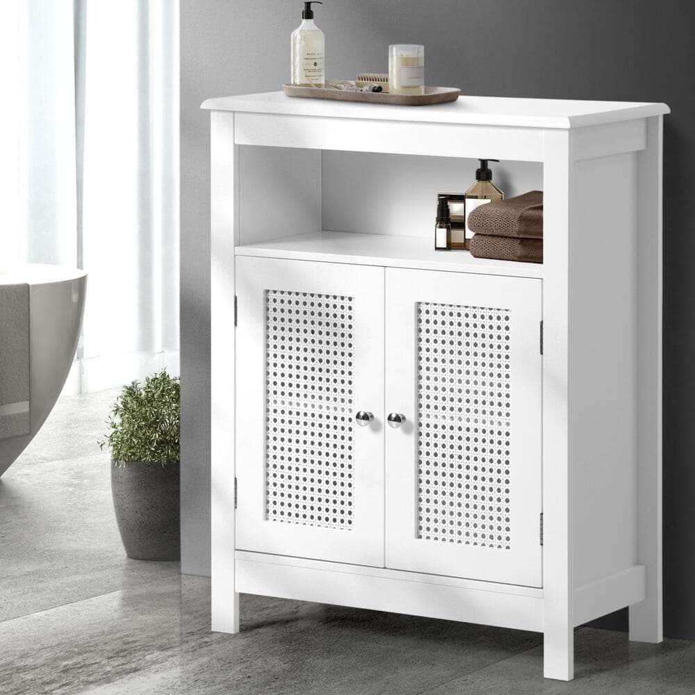 Bathroom Cabinet Floor Cupboard Laundry Storage Two Rattan Door White