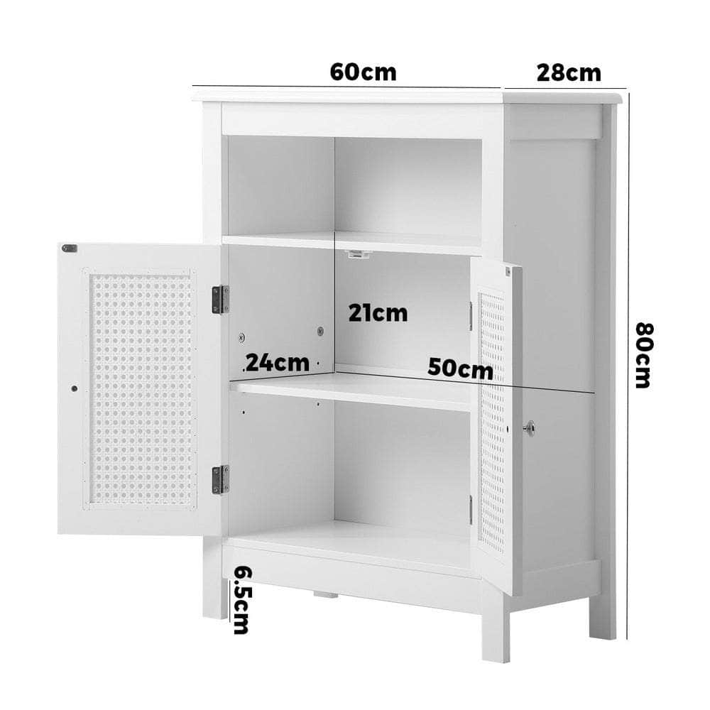 Bathroom Cabinet Floor Cupboard Laundry Storage Two Rattan Door White