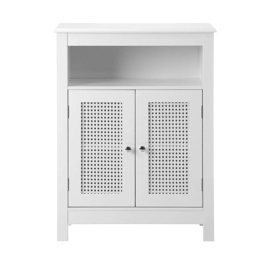 Bathroom Cabinet Floor Cupboard Laundry Storage Two Rattan Door White