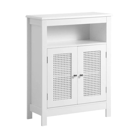 Bathroom Cabinet Floor Cupboard Laundry Storage Two Rattan Door White