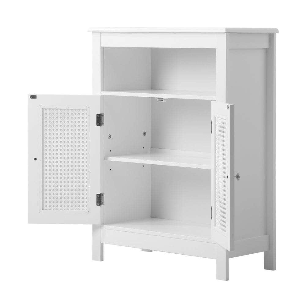 Bathroom Cabinet Floor Cupboard Laundry Storage Two Rattan Door White