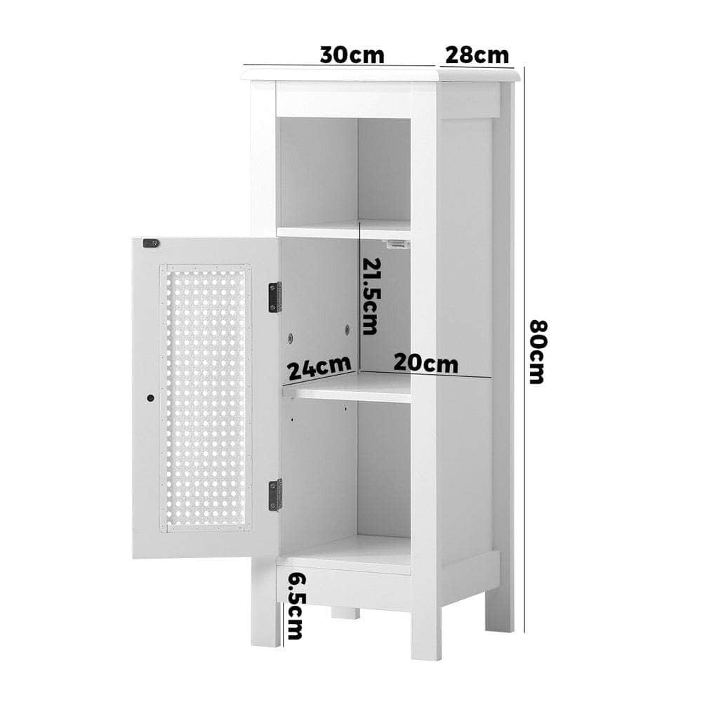 Bathroom Cabinet Floor Cupboard Slim Laundry Storage Rattan Door White