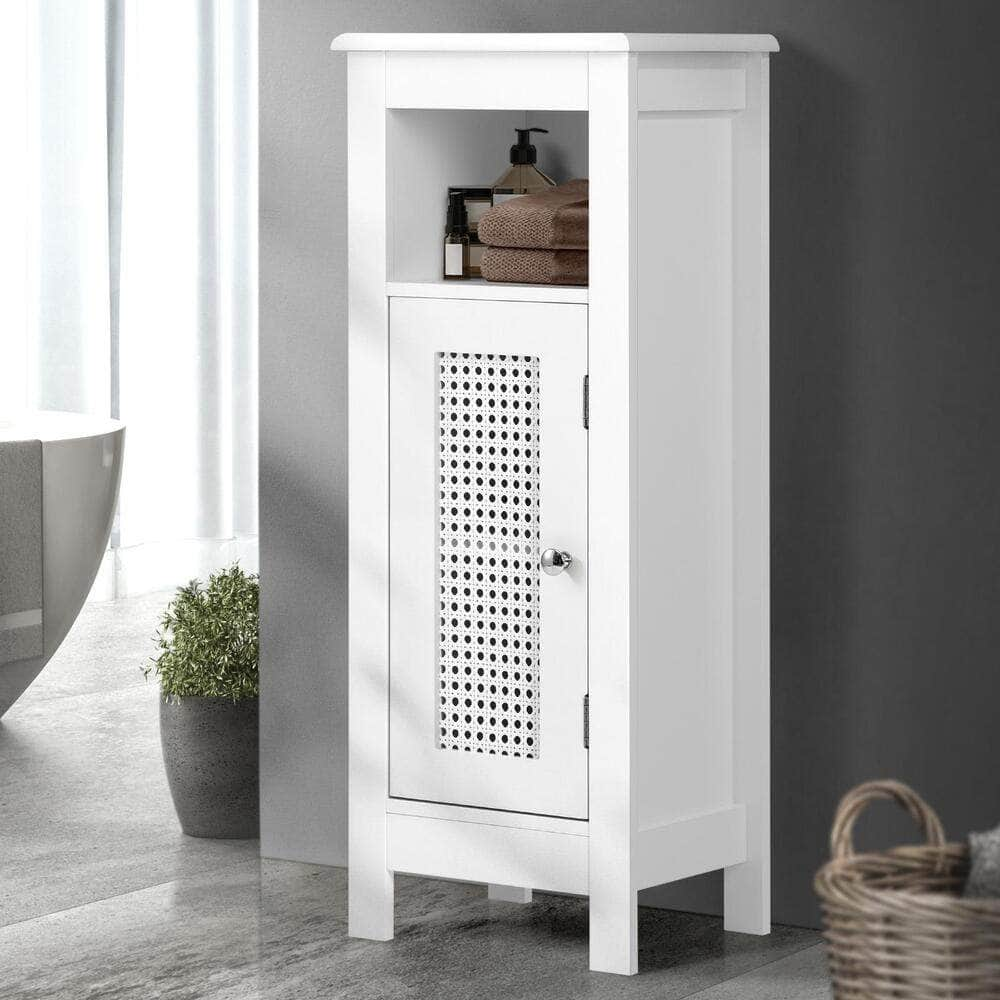 Bathroom Cabinet Floor Cupboard Slim Laundry Storage Rattan Door White