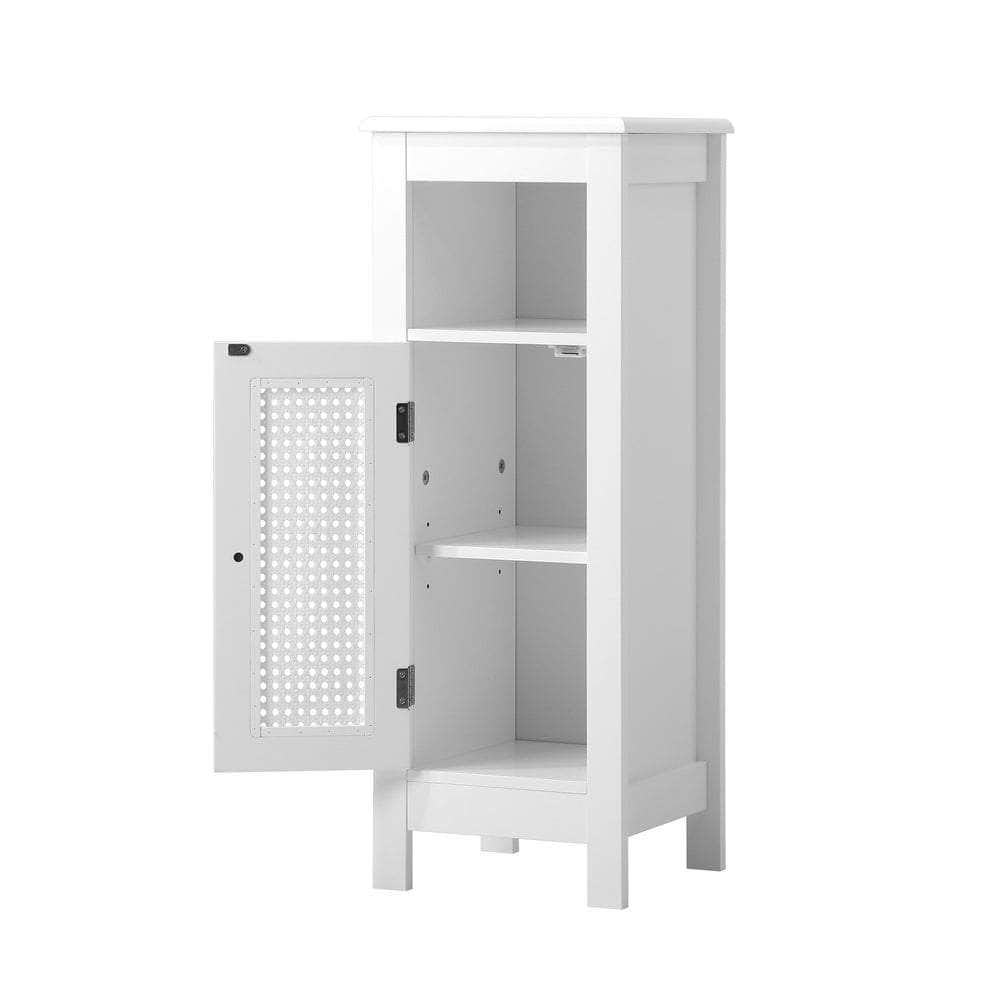 Bathroom Cabinet Floor Cupboard Slim Laundry Storage Rattan Door White