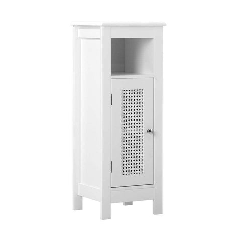 Bathroom Cabinet Floor Cupboard Slim Laundry Storage Rattan Door White