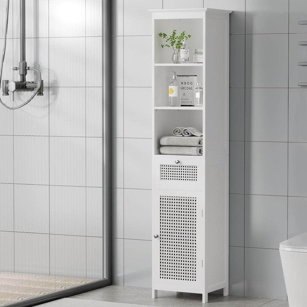 Bathroom Cabinet Storage 161Cm White Rattan Tallboy Toilet Cupboard