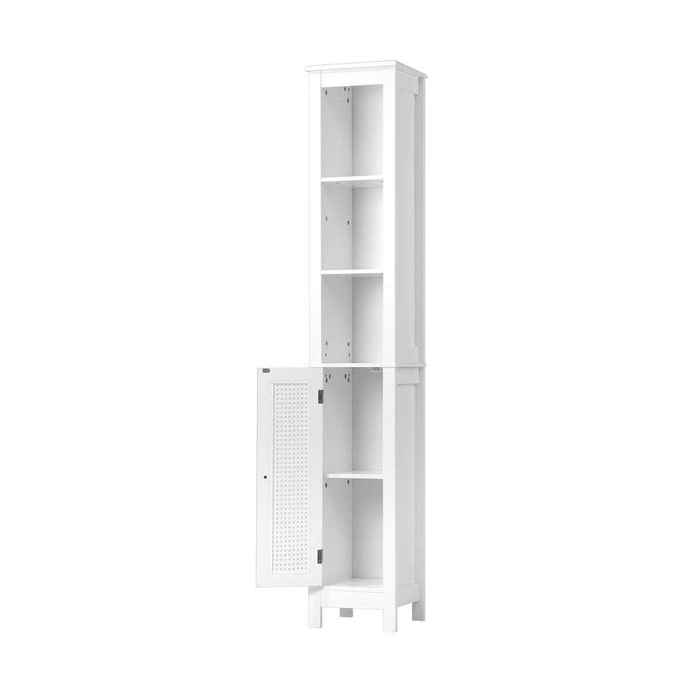 Bathroom Cabinet Storage Laundry Tall Slim Cupboard Rattan Door White