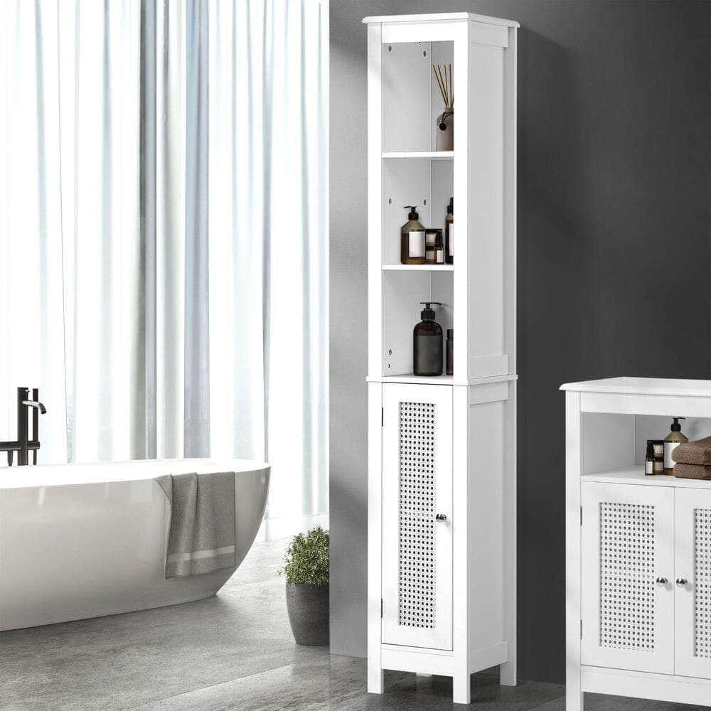 Bathroom Cabinet Storage Laundry Tall Slim Cupboard Rattan Door White