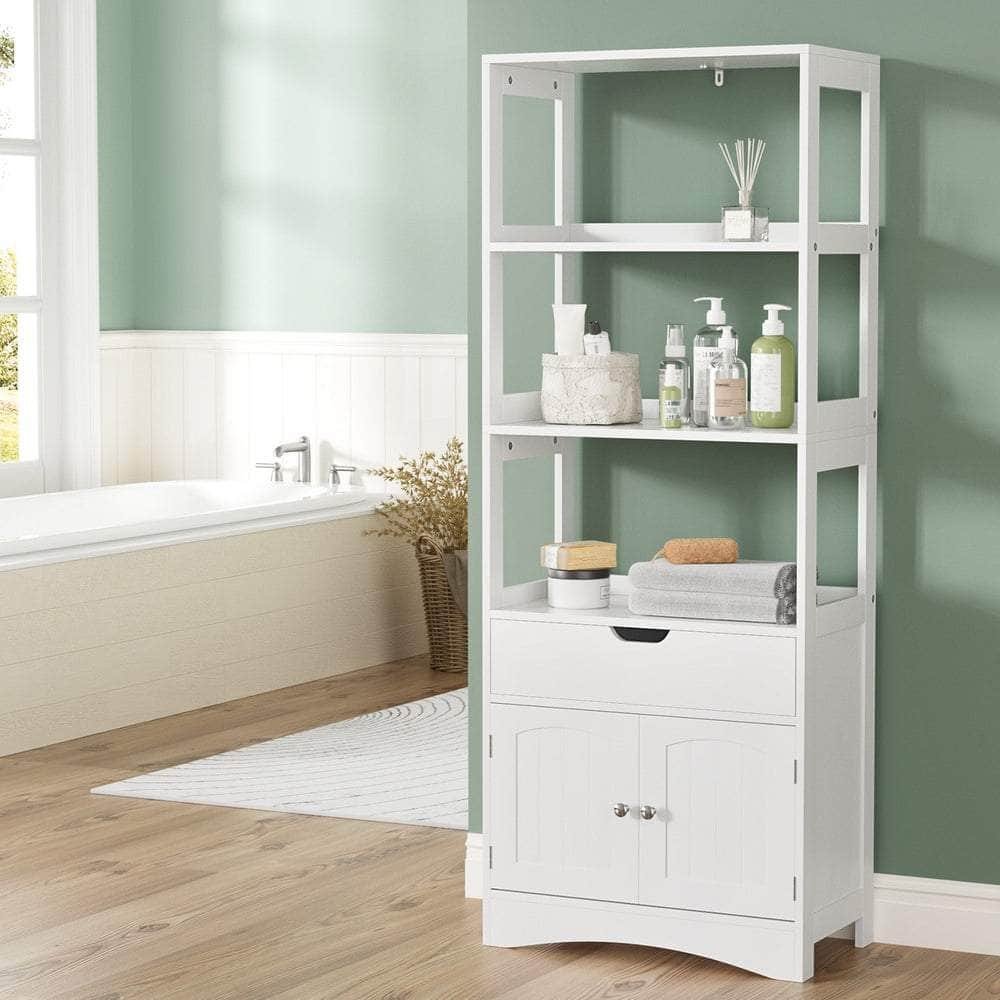 Bathroom Floor Storage Cabinet with 2 Drawers 3 Open Shelves 2 Doors White