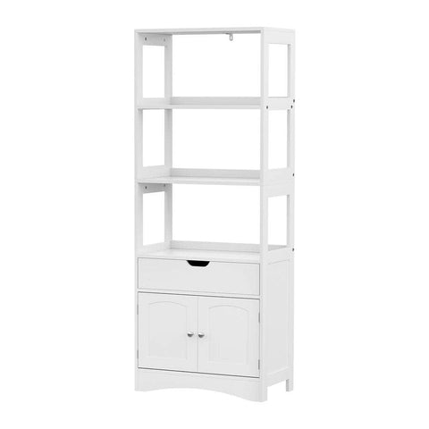 Bathroom Floor Storage Cabinet with 2 Drawers 3 Open Shelves 2 Doors White