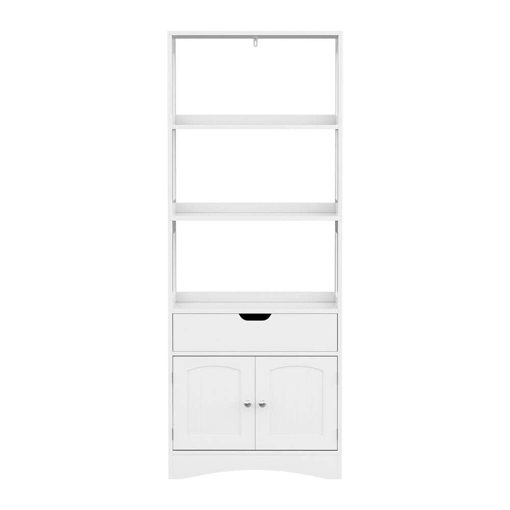 Bathroom Floor Storage Cabinet with 2 Drawers 3 Open Shelves 2 Doors White