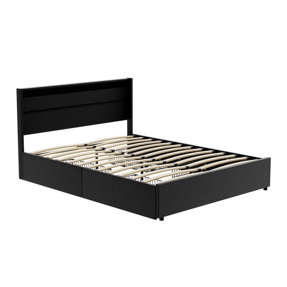 Bed Frame Double/Queen Size Led With 4 Drawers Black Dunn