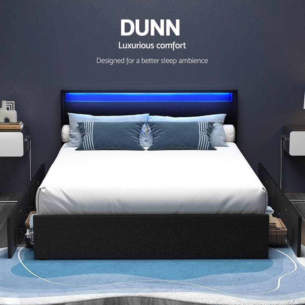 Bed Frame Double/Queen Size Led With 4 Drawers Black Dunn