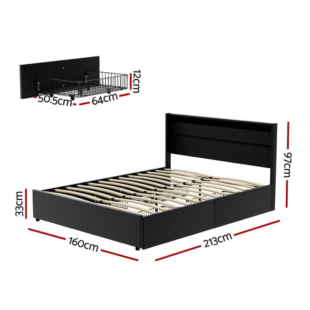 Bed Frame Double/Queen Size Led With 4 Drawers Black Dunn