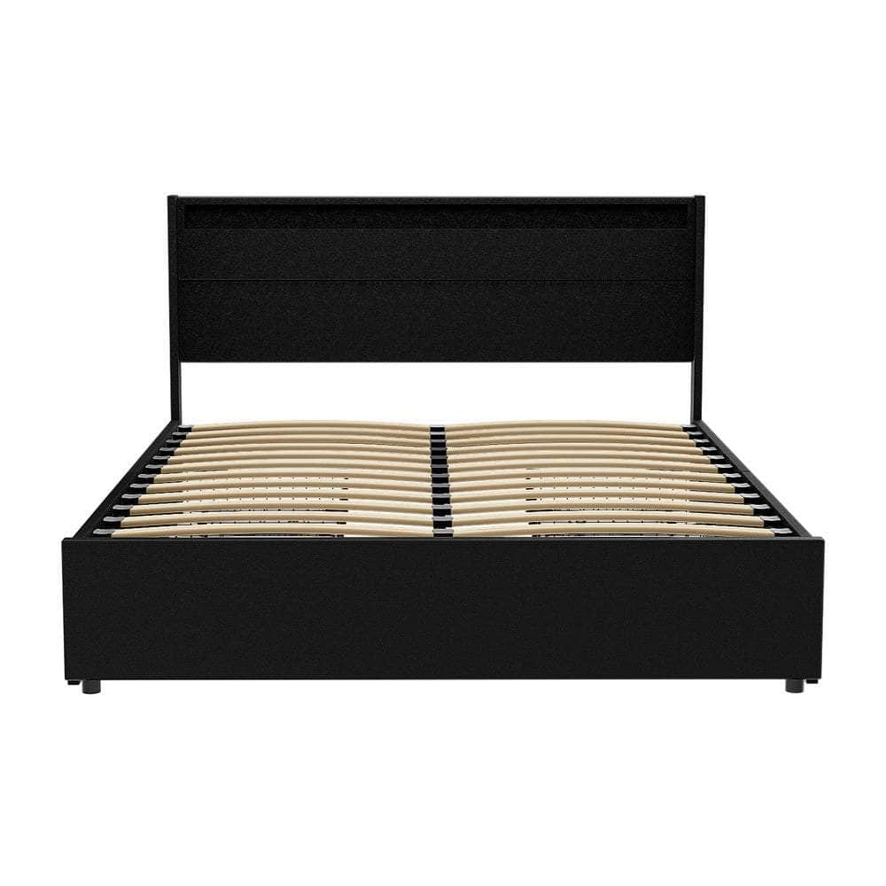 Bed Frame Double/Queen Size Led With 4 Drawers Black Dunn