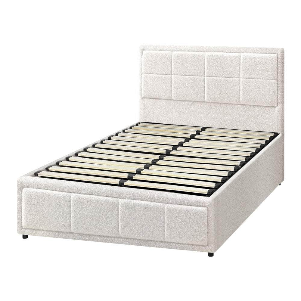 Bed Frame Double Size Gas Lift Storage Base Fabric Grey/White